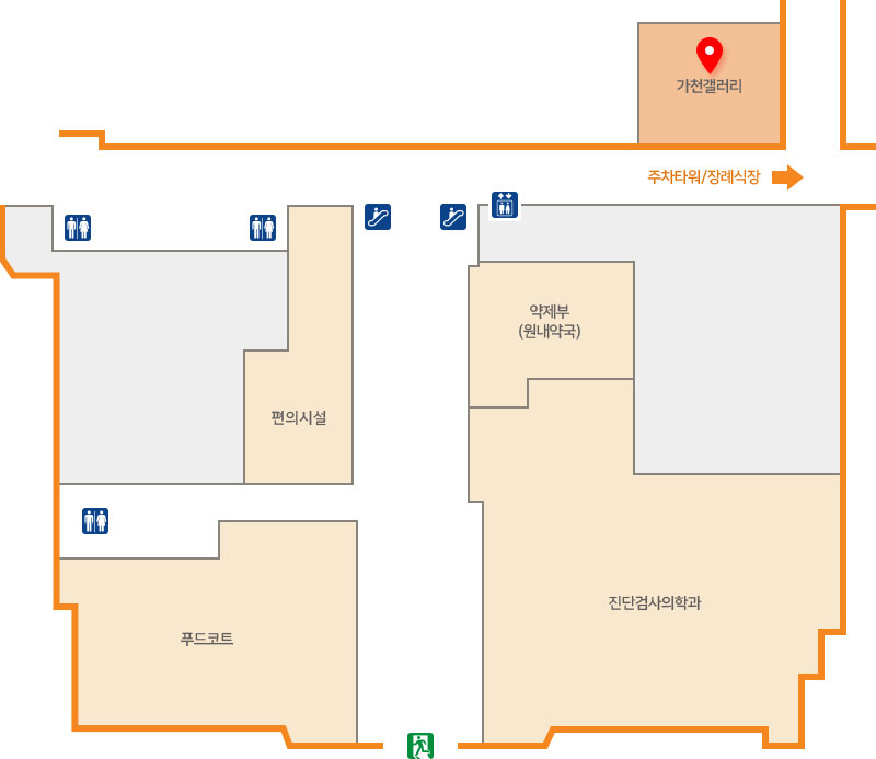 본관 엘리베이터 탑승하여 지하 1층 하차 후 우측 대각선 방향에 가천갤러리가 위치하고 있으며, 지하 1층에는 가천갤러리 기준 우측으로 주차타워/장례식장으로 향하는 통로, 약제부(원내약국), 진단검사의학과, 푸드코트, 편의시설이 있습니다.